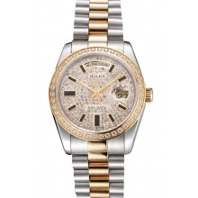Swiss Rolex Day Date Diamond Pave Dial And Bezel Stainless Steel Case Two Tone Bracelet