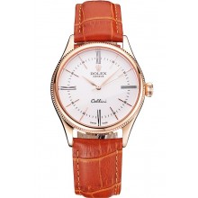 Top Replica Swiss Rolex Cellini White Dial Roman Numerals Rose Gold Case Light Brown Leather Strap