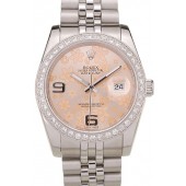 AAA Imitation Rolex DateJust Brushed Stainless Steel Case Orange Flowers Dial Diamonds Plated