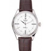 AAAAA Copy Rolex Cellini White Dial Stainless Steel Case Brown Leather Strap 622839