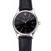 Hot Swiss Rolex Cellini Date Black Dial Stainless Steel Case Black Leather Strap