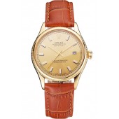 Imitation Swiss Rolex Datejust Gold Dial Gold Case Light Brown Leather Strap