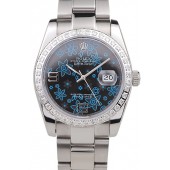 Imitation Top Rolex Datejust Polished Stainless Steel Dark Blue Flowers Dial Diamond Plated