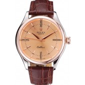 Replica Fashion Rolex Cellini Gold Dial And Bezel Stainless Steel Case Brown Leather Strap 622840