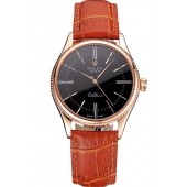 Replica Swiss Rolex Cellini Black Dial Roman Numerals Rose Gold Case Light Brown Leather Strap