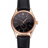 Replica Swiss Rolex Cellini Black Dial Rose Gold Case Black Leather Strap