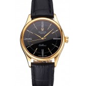 Swiss Rolex Cellini Black Dial Roman Numerals Gold Case Black Leather Strap