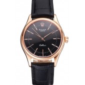 Swiss Rolex Cellini Black Dial Rose Gold Markings Rose Gold Case Black Leather Strap