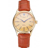 Swiss Rolex Cellini Date Gold Guilloche Dial Gold Case Light Brown Leather Strap