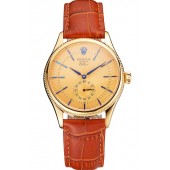 Swiss Rolex Cellini Gold Dial Blue Markings Gold Case Light Brown Leather Strap