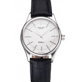 Swiss Rolex Cellini White Guilloche Dial Stainless Steel Case Black Leather Strap