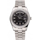 Swiss Rolex Day-Date Black Dial Diamond Case Diamond Numerals Stainless Steel Bracelet 1453966