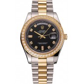 Swiss Rolex Day-Date Black Dial Gold Diamond Case Two Tone Stainless Steel Bracelet 1453976