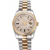 Swiss Rolex Day Date Diamond Pave Dial And Bezel Stainless Steel Case Two Tone Bracelet